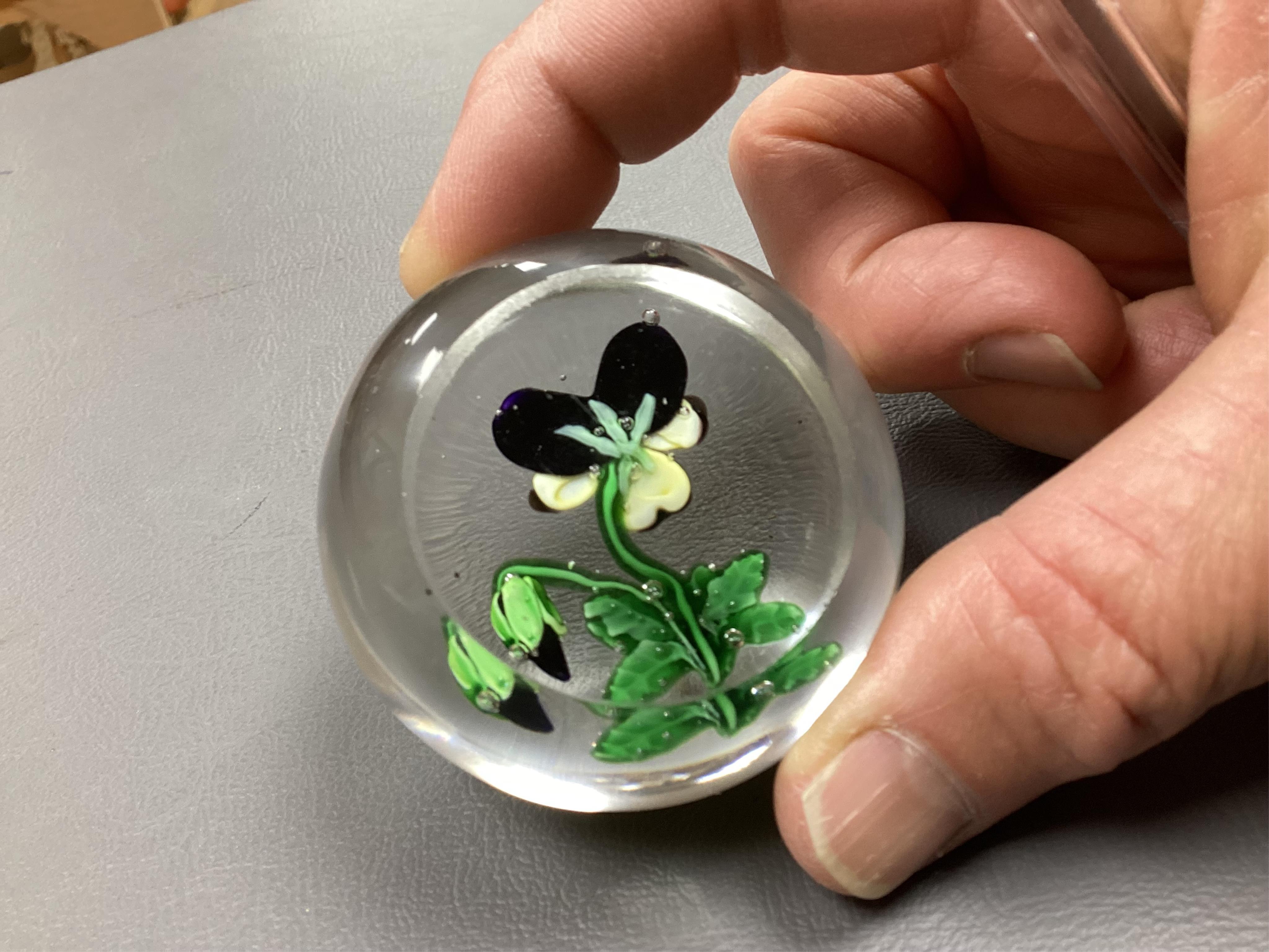 A rare Clichy pansy paperweight, 5.5cm diameter.